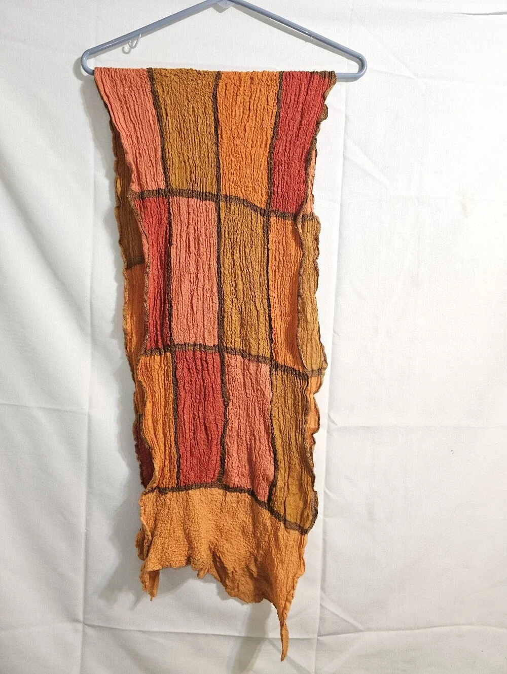 Multicolor woven patchwork crinkle scarf warm fall tones  orange, Red Brown